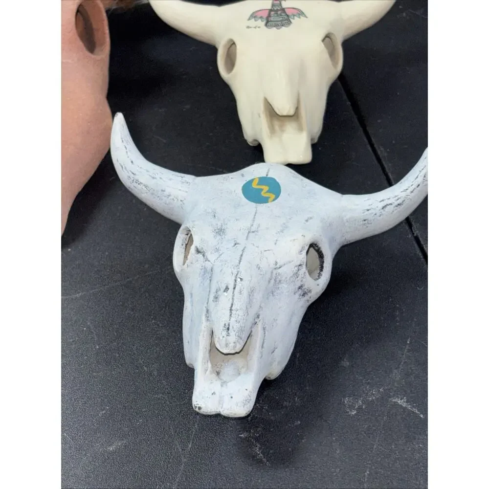 5 Southwestern Pottery Ceramic Bull Skull Hand-Painted Wall Table Decor 7” & 5”